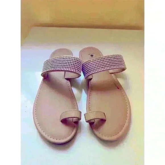 Shade & Shore Women's Embellished Rhinestone Slide Sandals Tan Size 8 - Picture 1 of 4